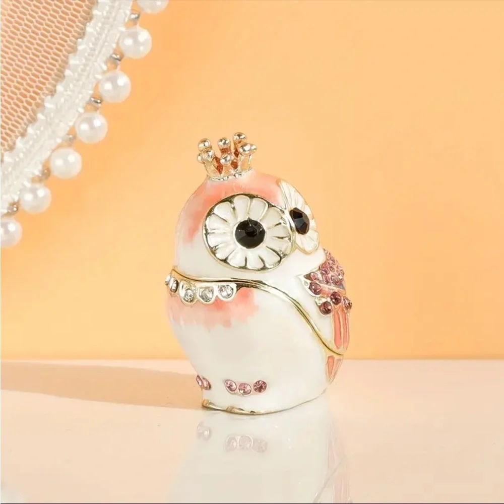 Crystal Owl Ring Box Pink Gold Enamel Jeweled Trinket Jewelry Box NWT